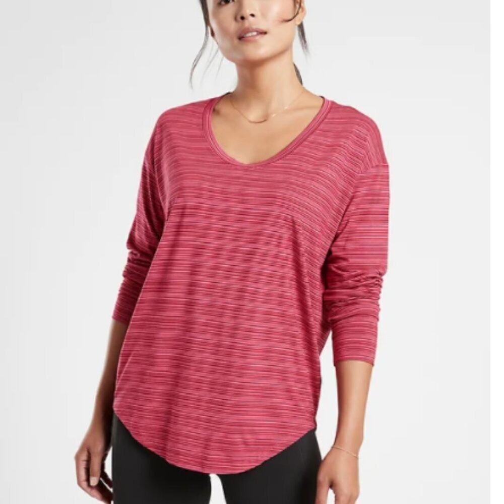 Athleta Cloudlight Stratus Pink Striped Long Sleeve‎ Lightweight Top Size Small